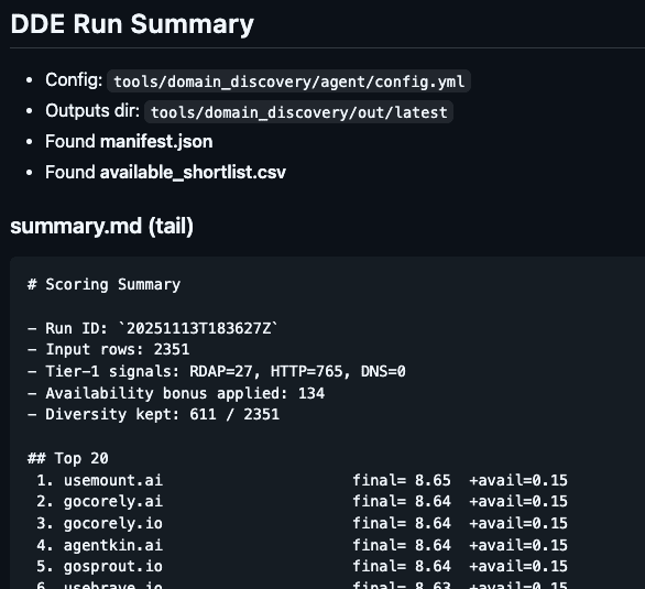 Domain Discovery Engine scoring summary