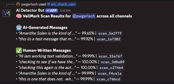 VeilMark Results  as displayed on Discord